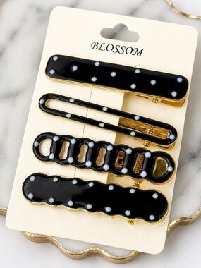 Black Polka Dot Hair Clip Set 4pc Gold Trim Barrettes NWT